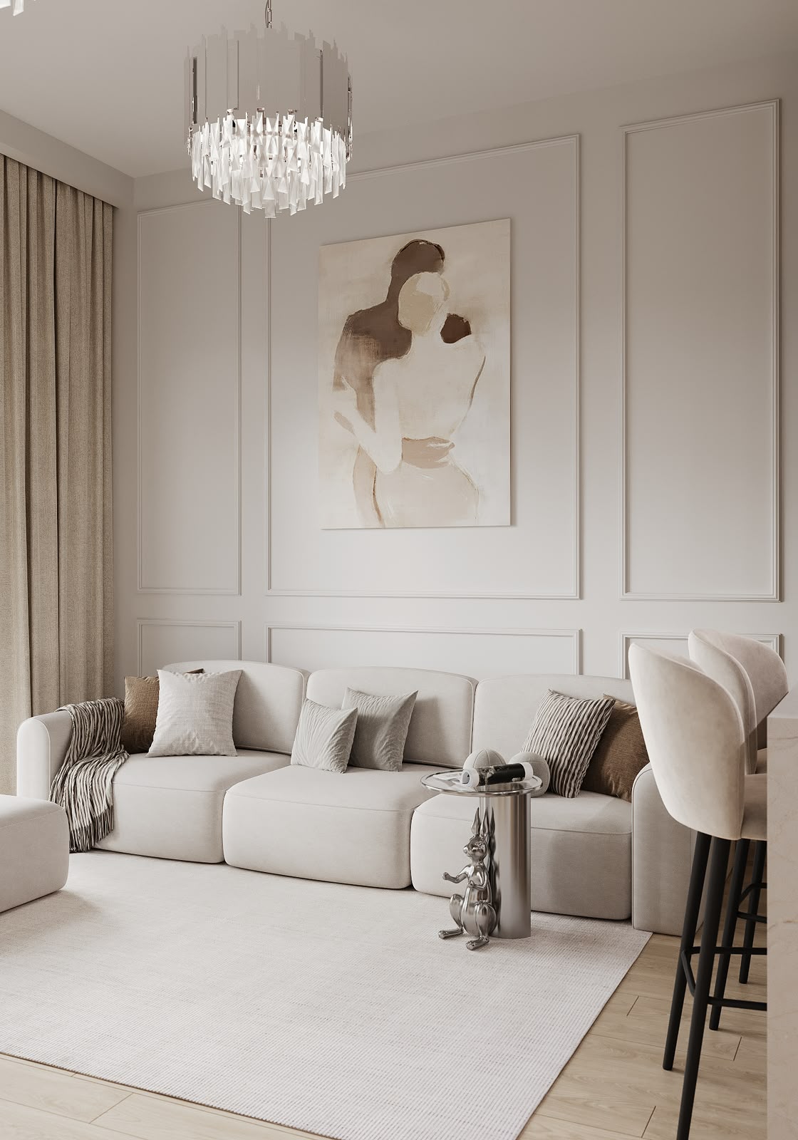 Completed living room with wall mouldings, curated artwork and soft neutral furnishings