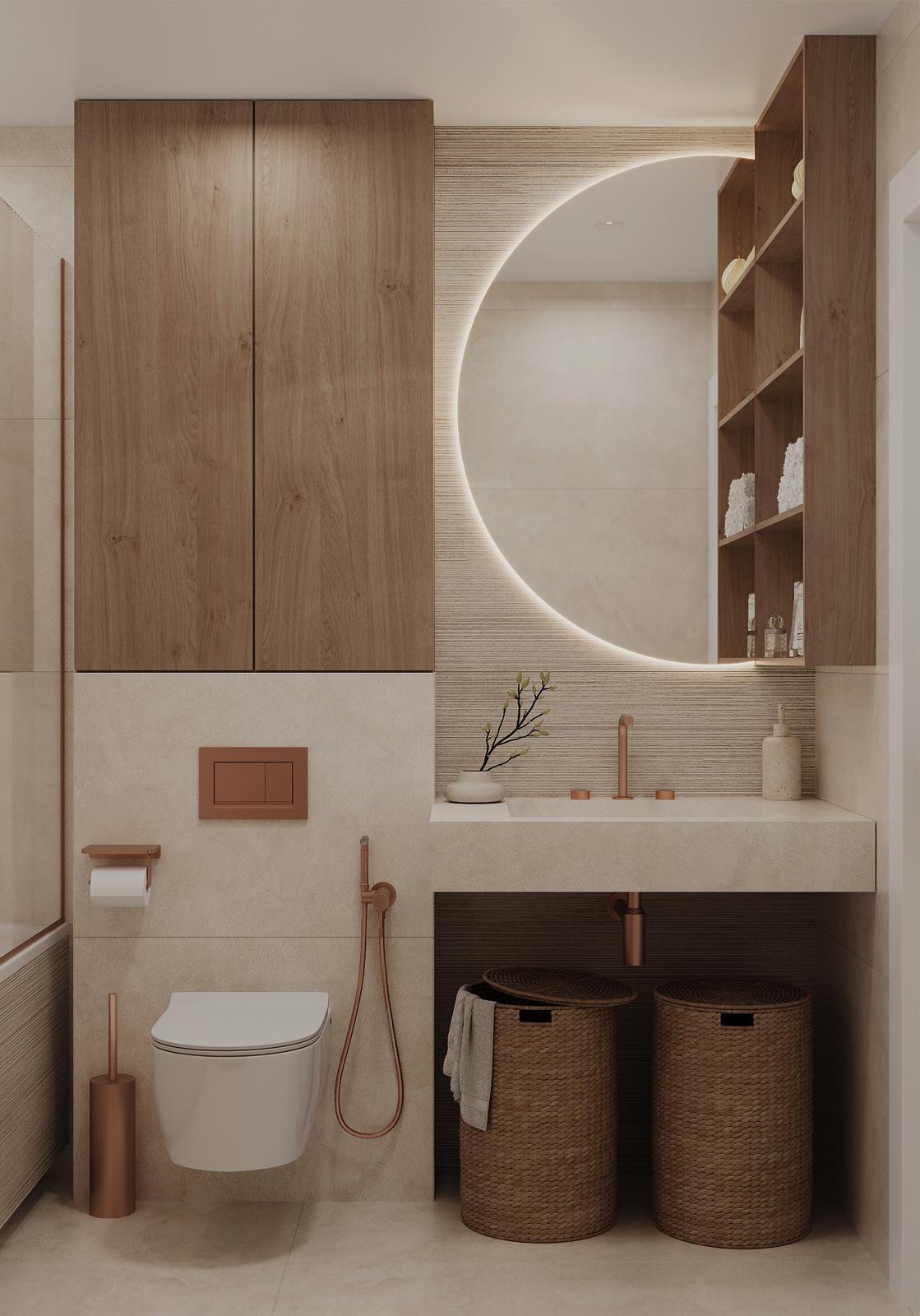 Bathroom inspiration with warm natural finishes, integrated storage and a softly lit mirror