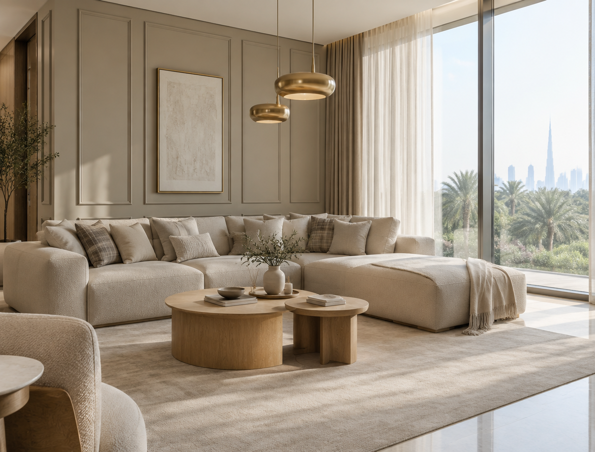 Living room inspiration with wall panelling, layered beige furnishings and warm pendant lighting